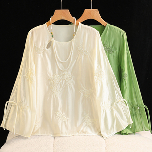春季薄款天丝棉圆领绣花喇叭袖中式衬衫打底白色小上衣女