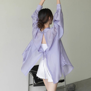 天丝紫色防晒衬衫女夏季设计感小众，薄款衬衣外套后背开叉上衣