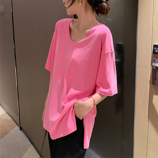 韩国版型设计纯棉简约百搭大领口宽松中长款纯色短袖T恤衫女夏装