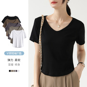 黑色t恤女短袖v领夏季显瘦简约舒适半袖，纯色打底衫修身上衣潮
