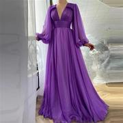 k领0连1欧美外贸紫色高腰，纯色长裙时尚l气质长袖网纱v22衣裙