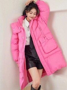 明星白鹿同款衣服，粉红色羽绒棉服冬女款2022年中长款保暖外套