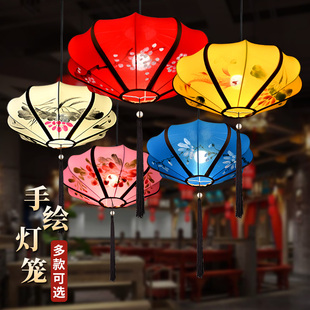 中式飞碟布艺吊灯开业酒店手绘国画古典灯具，中国风仿古手绘红灯笼