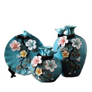 美式花瓶摆盘套装欧式陶瓷三件套客厅装饰品彩绘寄花玄关创意摆件