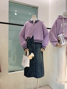 紫色韩代款开衫毛衣 白色打底衫 中长款洗水牛仔半裙