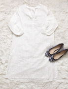 日单贵牌女装纯棉竖条纹，长款衬七分袖中袖衬衫连衣裙白色秋装