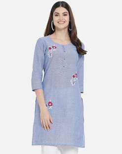 印度进口民族风上衣绣花中长款薄款春夏秋日常服棉麻蓝色
