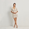 夏季白色v领镶钻蕾丝短袖高腰显瘦气质连衣裙短裙女士