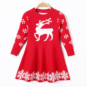圣诞女童红色喜气毛衣裙洋气卡通麋鹿提花纯棉线连衣裙Christmas