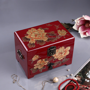 晋元恒大容量首饰盒复古风妆奁盒，中式结婚礼物手绘古典漆器饰品盒