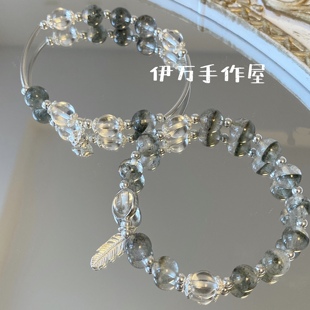 财富女神|天然水晶绿幽灵白水晶(白水晶)手链925纯银原创设计手串礼物