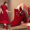 冬季秀禾婚鞋新娘鞋女2023年高跟红色结婚靴子，两穿不累脚冬天