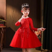女童连衣裙春秋款网袖，儿童公主裙红色礼服，蕾丝3-13岁花童装蓬蓬裙