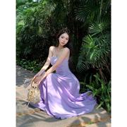 法式紫色拼接吊带连衣裙女夏季气质高级感高腰显瘦海边度假大摆裙