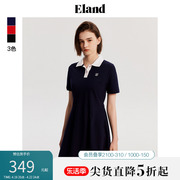 eland衣恋短袖连衣裙，女学院风撞色polo领修身显瘦裙子夏季