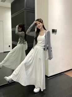 韩系薄款长袖开衫打底吊带背心白色长裙女秋季2024时尚三件套
