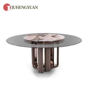 意式轻奢大理石圆餐桌椅设计师，高端带转盘钢化玻璃家用定制吃饭桌
