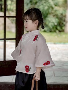 女童春夏装中国风儿童旗袍盘扣，粉色上衣套装表演服唐装古法倒大袖