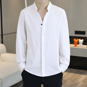 男士亚麻长袖衬衫立领，春秋季青年休闲韩版男装，棉麻布衬衣上衣