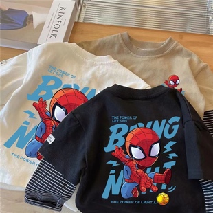 男童蜘蛛侠打底衫中小童，春秋韩版假两件长袖，t恤圆领卡通超人上衣