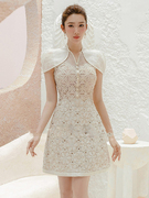 越南小众设计师品牌重工欧根纱水溶蕾丝刺绣披肩连衣裙仙女短裙