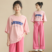 女大童短袖T恤宽松洋气初中生学生韩版印花儿童长款半袖体恤上衣