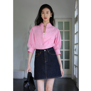 时髦粉色棉质舒适透气立领泡泡袖七分袖宽松衬衫M23143