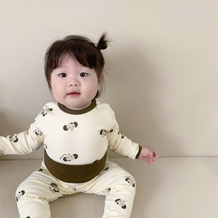 韩版婴儿睡衣家居服春秋款纯棉，高腰护肚秋衣，秋裤宝宝内衣套装全棉