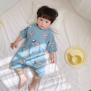 儿童连体睡衣夏季薄款中袖男女童宝宝睡袍纯棉卡通家居服婴儿睡袋