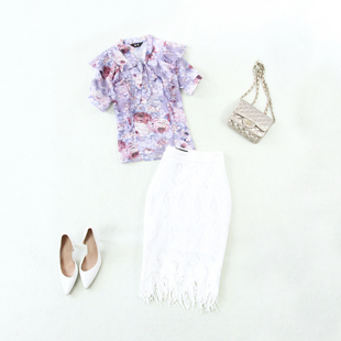 2件夏季雪纺印花薄款半袖小衫+包臀蕾丝，半裙ol套装