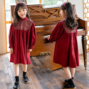 女童秋冬连衣裙儿童红色立领裙子中国风过年拜年服小女孩洋气公主