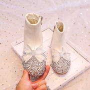 洋气女童中筒皮靴高跟公主靴子，韩版棉靴时尚儿童短靴水晶蝴蝶单鞋