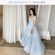 xiaoli筱李甜美蓝色刺绣吊带，连衣裙宽松百搭chenshop设计师品牌