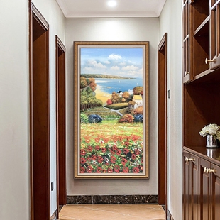 美式入户玄关装饰画竖版油画欧式走廊过道背景墙壁画山水风景
