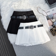 白色a字百褶半身裙女春季超短半裙小个子裙裤高腰性感带腰带裙子