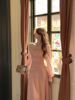 yssier一思温柔风，法式方领粉色高腰长袖，连衣裙2023春秋长裙