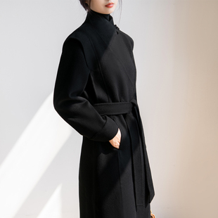 赫本风黑色中式盘扣双面羊绒羊毛，大衣女冬设计感手工立领毛呢外套