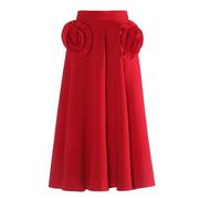 红色立体花朵中长款伞裙2024春季简约半身裙显瘦垂感洋气裙子