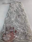 亮片珠子珠管立体刺绣重工，蕾丝布料礼服，裙料红色婚晚礼面料