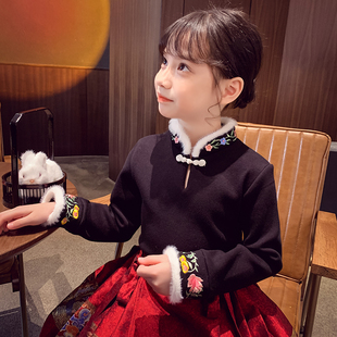 女童中国风刺绣上衣新中式小女孩加绒打底衫儿童T恤冬装2024