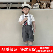 儿童套装男童2023夏季韩版短袖衬衫背带，套花童礼服帅气演出服