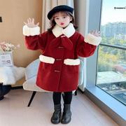女。童外套，大童毛呢子大衣秋冬季2023中长款红色冬装儿童拜年