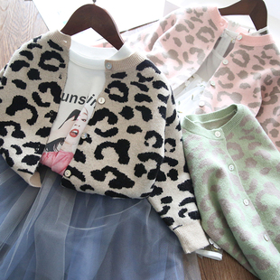 亲子~韩版女童时尚，豹纹洋气开衫外套，儿童宝宝毛衣针织衫19春