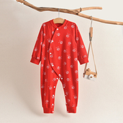 儿童纯棉连体衣婴儿长袖斜扣连身衣春秋款一周岁礼服宝宝红色衣服
