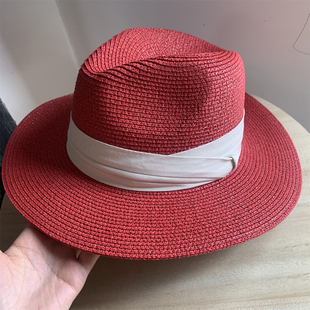 红色帽子女夏季海边沙滩，帽巴拿马遮阳草帽防晒百搭平沿宽檐礼帽