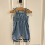0-18个月minisusic女宝宝新生儿纯棉牛仔，色打揽吊带连体裤爬爬衣