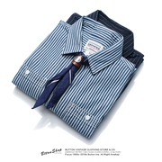 美式阿美咔叽蓝白条纹衬衫男日系复古重磅宽松休闲工装衬衣长袖