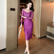 法式设计感紫色长袖连衣裙女秋修身显瘦名媛气质短裙子20697