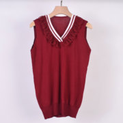 b556-1荷叶边v领酒红色背心，外穿修身气质，上衣设计感女装针织衫