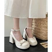 网红蝴蝶结白色粗跟高跟鞋，女夏款2024小个子复古法式玛丽珍鞋